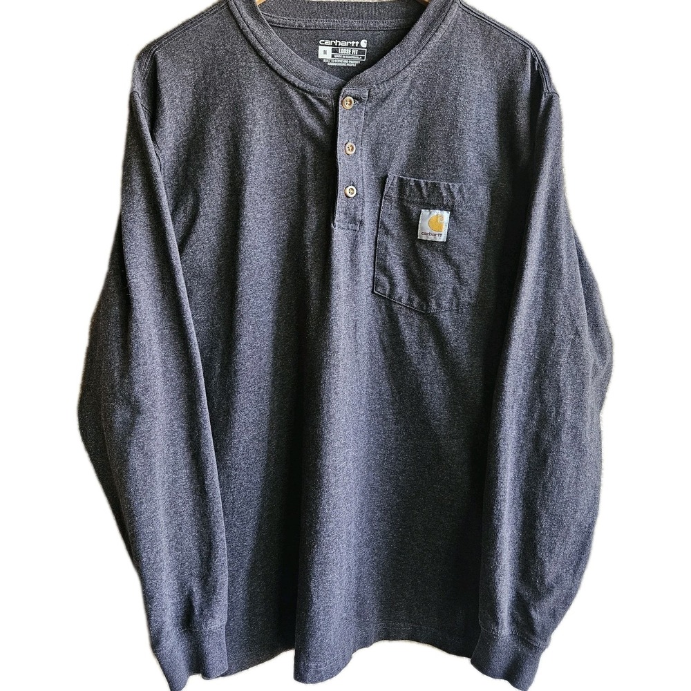 Men's Carhartt Loose Fit Mens Med Gray Long-Sleeve Pocket‎ Henley T-Shirt K128
